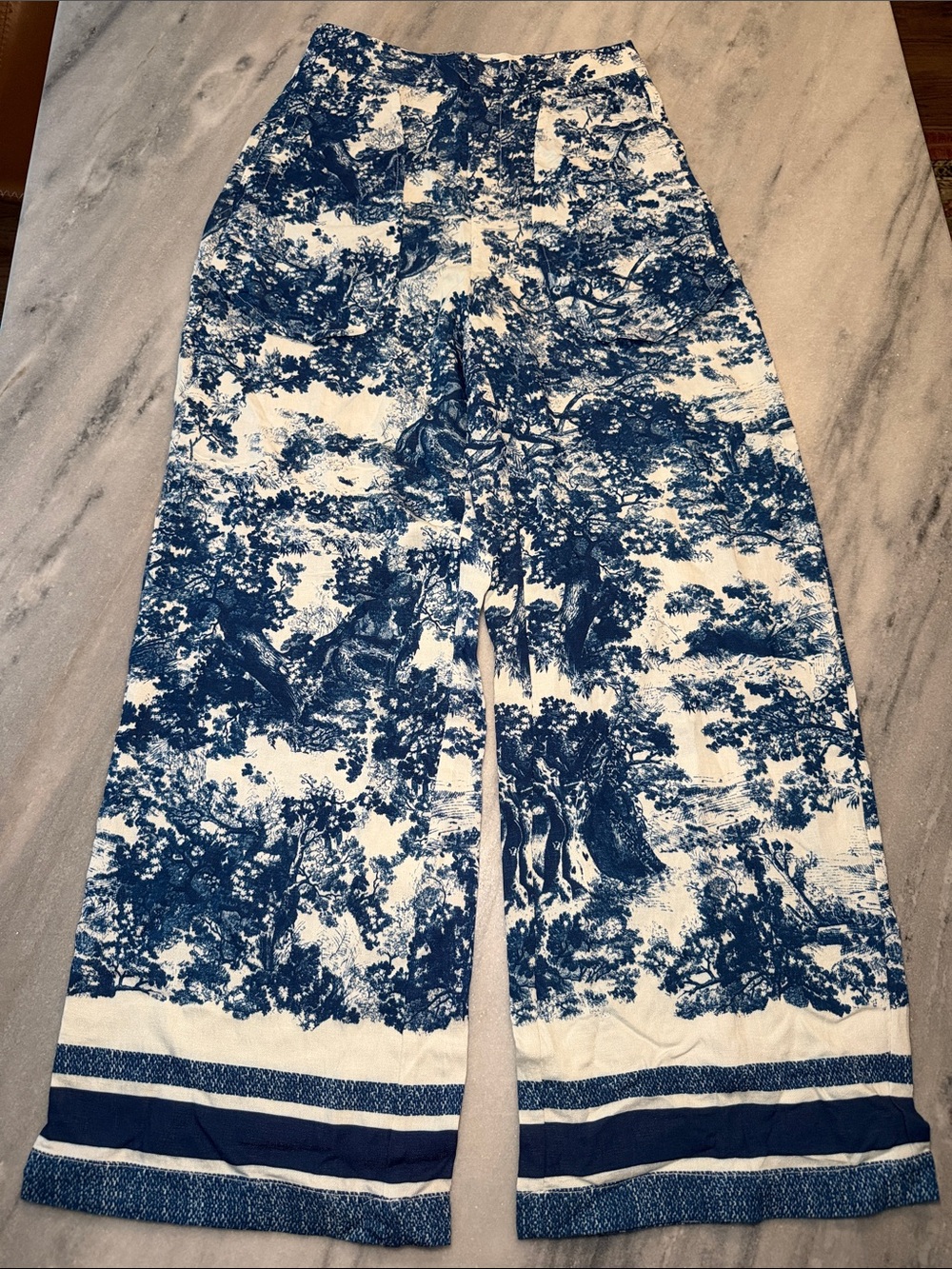 Commense Blue and White Wide-Leg Toile Pants